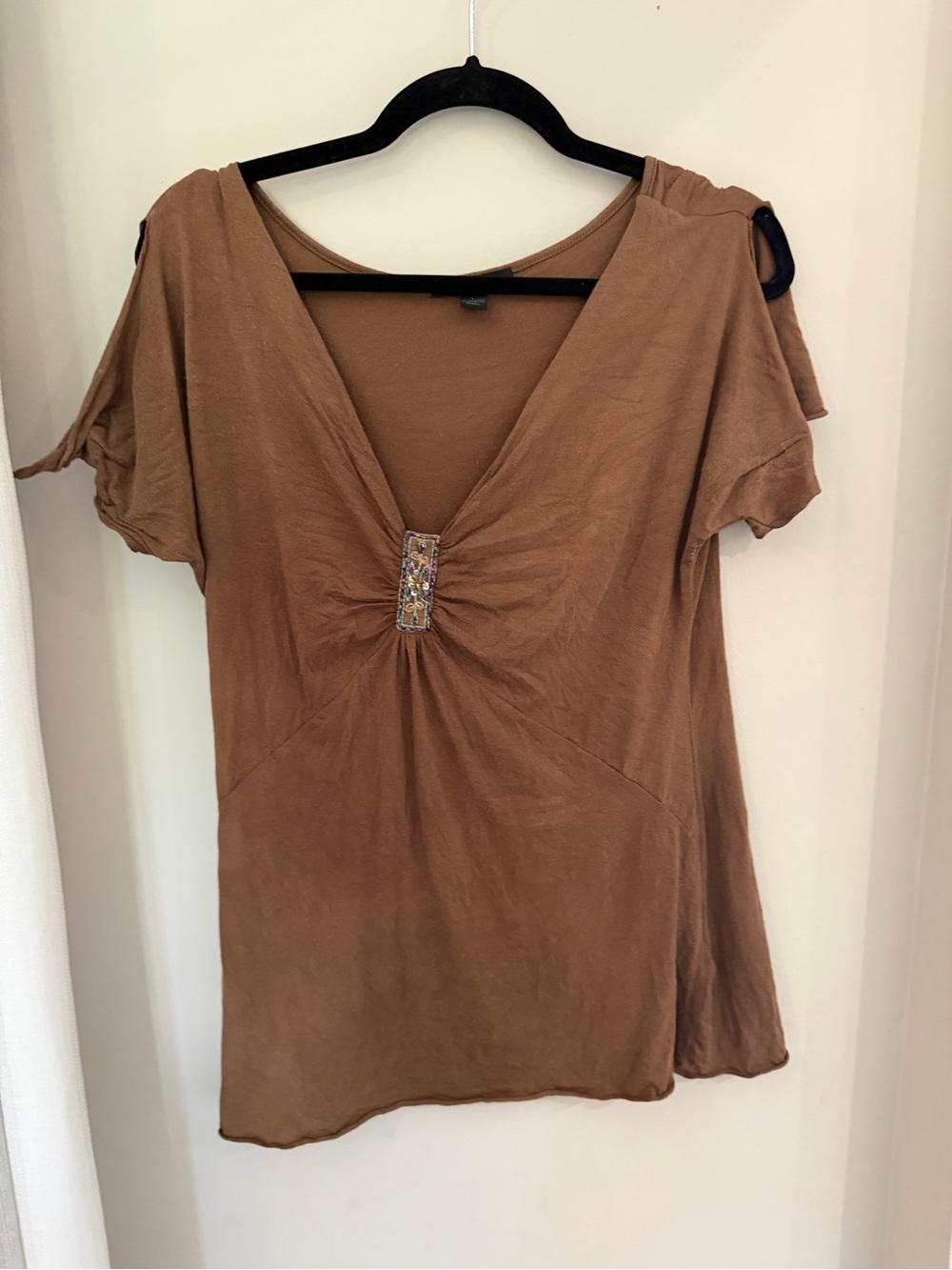 Express OG Going Out Top Brown V-Neck Short Sleeve Top with Center Embellishment